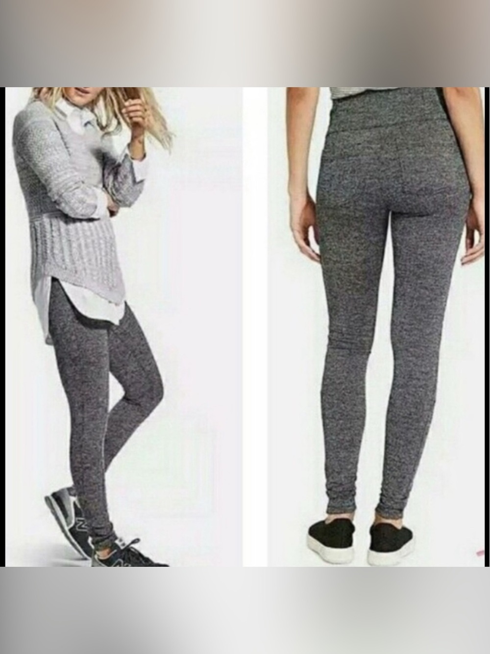 Athleta Ankle Leggings Gray Herringbone Knit Pockets Stretch Womens M